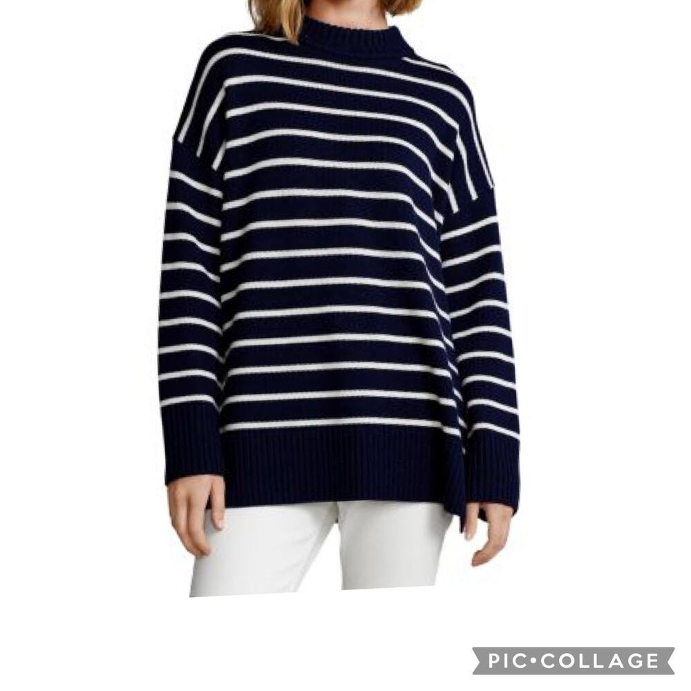 Lauren Ralph Lauren Navy White Striped Sweater Large Mock Neck Preppy Coastal - Picture 2 of 12